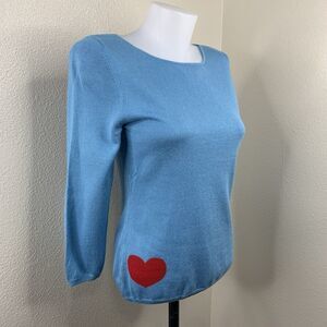 Vertical Design Silk Cashmere Angora Rabbit Blue Heart On Sleeve Sweater Sz M